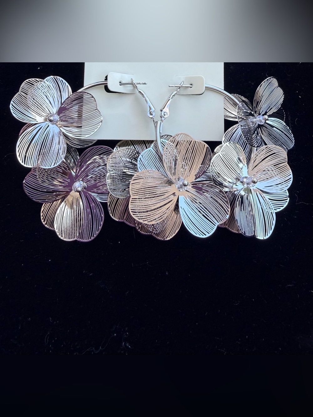 Silver Floral Statement Hoop Earrings - Silver Flower Design